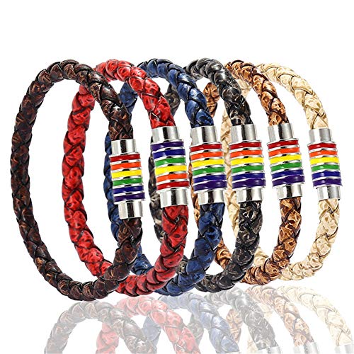 Image of Leather Braided LGBT Rainbow Bangle Bracelet - Gay & Lesbian Pride