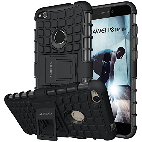 Huawei P8 Lite funda de 2017, Heavy Duty prueba de golpes Rugged Armor protectora teléfono caso, híbrida de doble capa con función atril para Huawei P8 Lite 2017-black