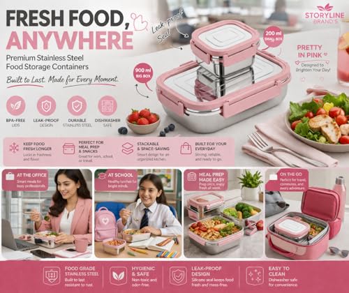 Image of CULINARY CRAFTS Stainless Steel Tiffin Lunch Box Container /Dabba with 4 Side Clip Lock Lid for Office & School Use /Food Grade /Air Tight /Easy to Carry /Leak Proof(900ml 1pc + 200ml 1 Pc) Pink