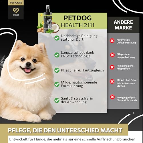 Peticare® Hunde Trockenshampoo (200 ml) – Natürliches Hundeshampoo gegen Geruch & Schmutz – ohne Wasser – Sanfte Fellpflege für Hunde & Welpen – für alle Fellarten – mit Argan- & Kokosöl