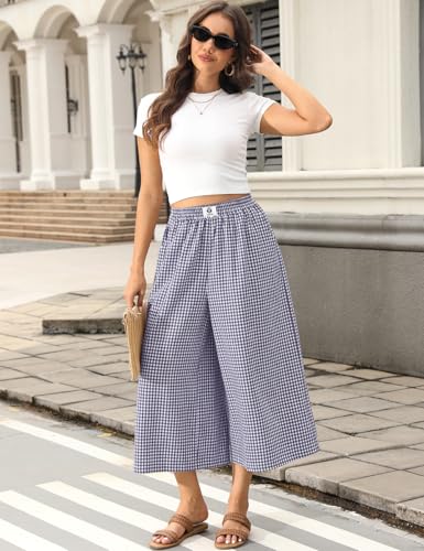 Image of TARSE Women Wide Leg Capri Pants Loose Gingham Plaid Culottes Summer Elastic Waist Palazzo Trousers Bottoms with Pockets