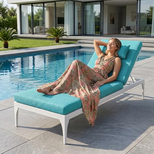 Image of BRISHI Outdoor Swimming Poolside Lounger Beach Sunbathing Lawn Patio Chaise Lounge Sun Lounger Chair Adjustable Backrest (White /Aqua Blue)