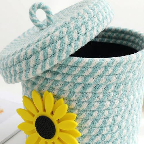 Image of Jute Basket For Storage Cotton Rope Toys Basket With Lid Handwoven Natural Foldable Laundry Hamper for Home, Office, Living Room Size 5x5 inch (yellow flower)