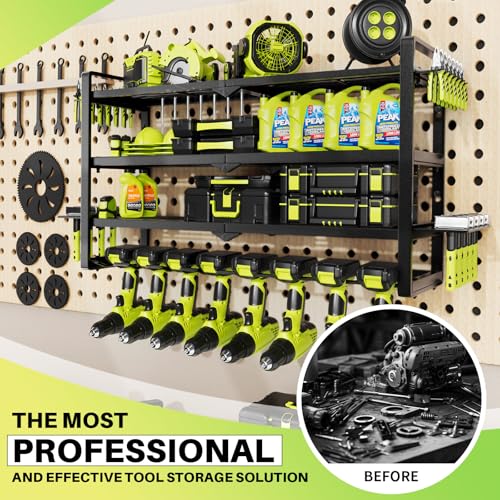 Image of Large Power Tool Organizer Wall Mount, Garage Storage Cordless Tool Organizer with Screwdriver Holder, Heavy Duty Metal Storage Rack with 8 Drill Holder 4 Layer, Gifts for Men Who Have Everything