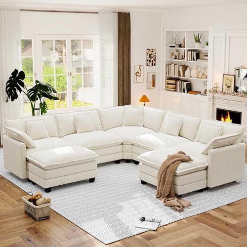 Image of 113.8 inch Modular Sectional Sofa,Cloud Couch for Living Room,Modern Deep Seat Sofa 5 Seater Chenille Fabric Comfy L Shaped Couches with Throw Pillows & Movable Ottoman for Apartment