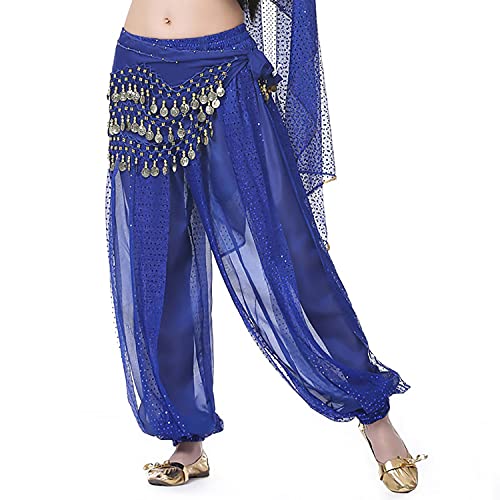 Image of VRITRAZ Women's Chiffon Belly Dance Chiffon Top, Harem Pants and Hip Scarf Ringy Golden Coins Fancy Pants