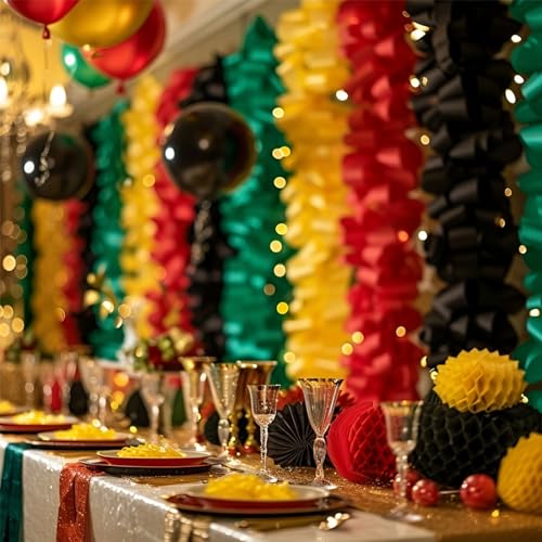 Image of PartyWoo Crepe Paper Streamers 6 Rolls 492ft, Pack of Metallic Gold Black Green Red Yellow Crepe Paper Streamers, Crepe Paper for Black History Month Party Decorations (1.8 in x 82 Ft /Roll)