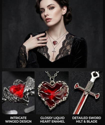 Buy Gothic Necklace, Gothic Rings, Set of 3 Pieces, Dark Red Heart and Sword Pendant Necklaces with Ring, Gothic Fashion Accessories for Concerts, Themed Events and Daily Alternative Style Wear at Amazon.in - Image 5