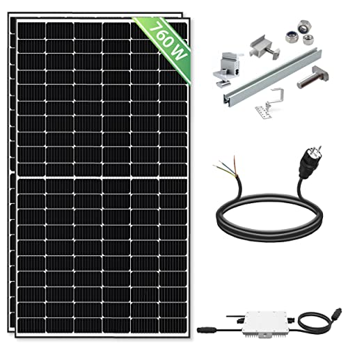 Balkonkraftwerk 760 Watt Photovoltaik Solaranlage mit Wechselrichter 600 Watt - Ziegeldach Hochkant- 15 Meter Schukostecker | Solar Balkonkraftwerk Komplettset Cover