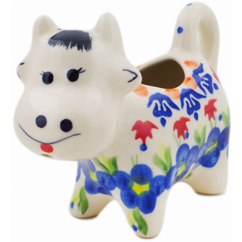 Authentic Polish Pottery Cow Shaped Creamer in Passion Poppy Design Handmade in Boles?awiec Poland by Ceramika Bona + Certificate of Authenticity