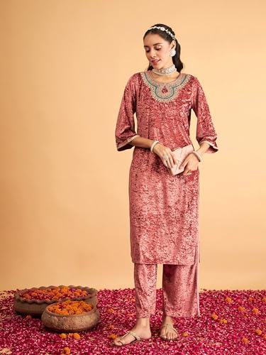 Image of Women's Velvet Floral Embroidered Straight Kurta | Round Neck Three-Quarter Sleeve Calf Length Kurti with Thread Work