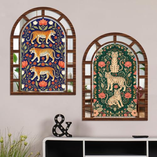Image of Artvibes Nature-Inspired Tiger & Floral Theme Home Decoration | Jharokha Mirror Wall Hanging for Living Room, Hall, Bedroom, Dining Room & Entrance | Gift (WHJ 12048N), Set of 2