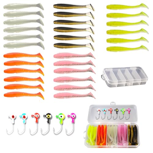 Xiciki 36 Pcs Fishing Lure Kit with Jig Heads & Hooks, Perch Lures, Soft Plastic Grubs for Bass Crappie Trout Perch in Freshwater and Saltwater