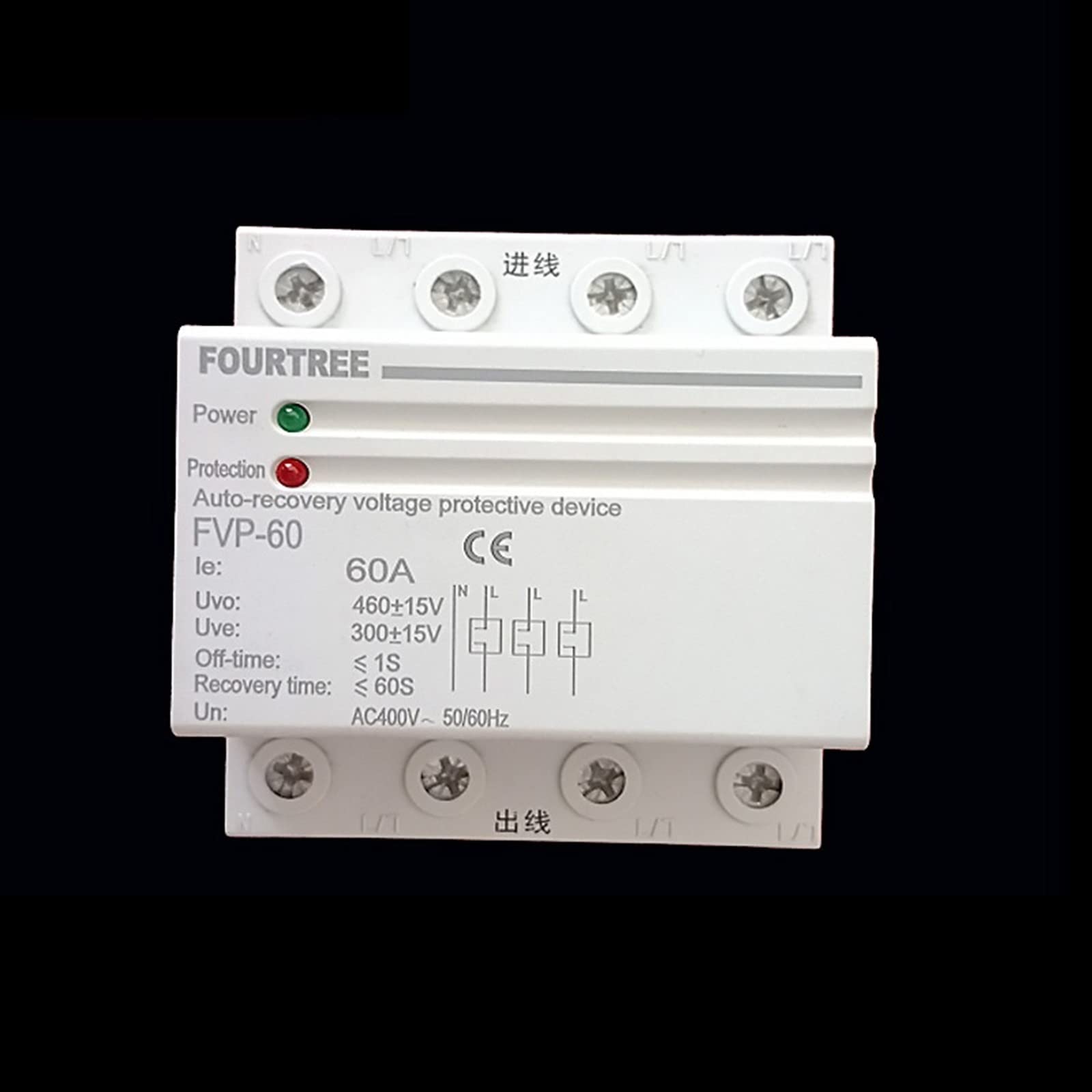 IEUMJNAT 1Pcs FVP 380V 3P+N Din Rail Self Recovery Automatic Reconnect Over and Under Voltage Protective Device 40A 60A(100A)