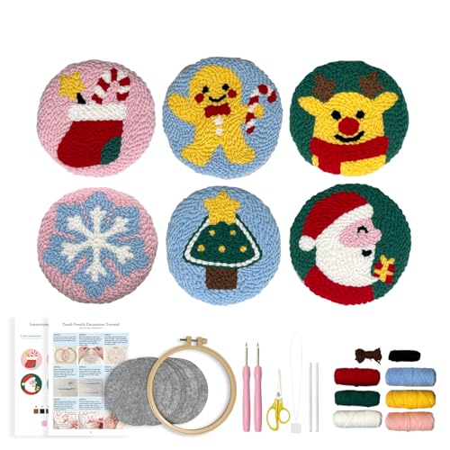 Image of Christmas Punch Needle Kit for Adults Beginners, Easy Punch Embroidery Coaster Starter Set with Instruction - Fun Mug Rug Making Kit for Table Decor & Festival DIY Gifts