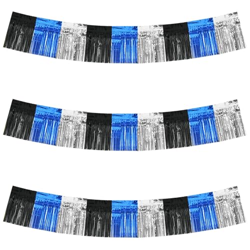 Image of BEISHIDA Black Blue Silver Fringe Garland Banner Wall Tinsel Foil Streamers | 3Pack,30ft,Hanging Shiny tinsel Metallic garland for graduation,Car floats,Bridal shower,Wedding,Birthday,Halloween,Christmas