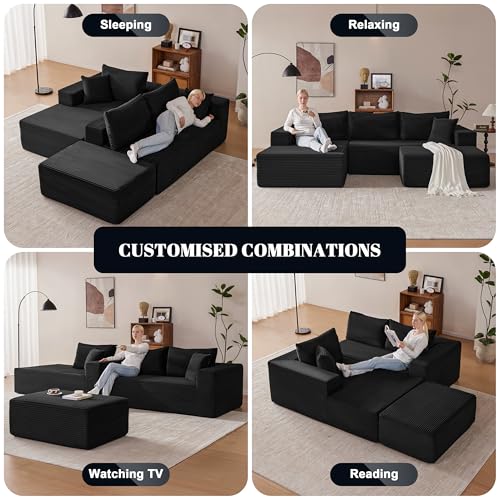 Image of Mangodan 110 inch Cloud Sectional Couch, Modular Sectional Sofa with Deep Seat, Boneless Sofa for Living Room, Fluffy Comfy U-Shaped Couch with Left Facing Chaise, No Assembly Required, Black
