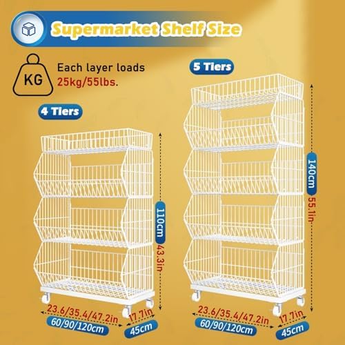 Retail Display Storage Rack，Metal Wire Fruit Vegetable Basket Rack Stand Kitchen Storage, Supermarket Snack Shelf with Wheels for Kitchen Office Retail Stores, Commercial Retail Display Hold