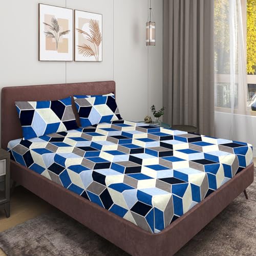 Image of ROMEE Elegant 3D Print Printed Microfiber Double Bedsheet, 144 TC Soft Feel, Queen Size (88 x 95 Inches), with 2 Pillow Covers, Blue