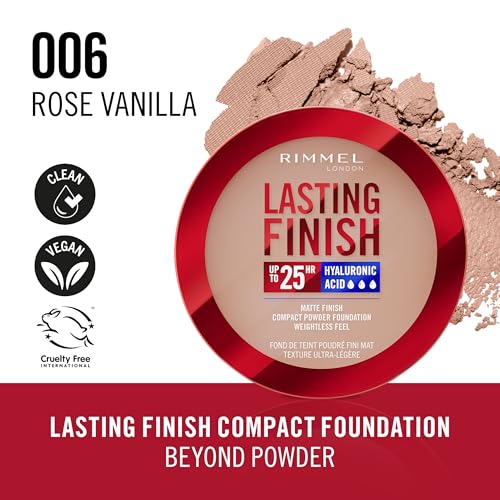 Rimmel Lasting Finish 25 HR Compact Foundation 006 Rose Vanilla, Matte Buildable Coverage, Powder-to-Cream - Image 2