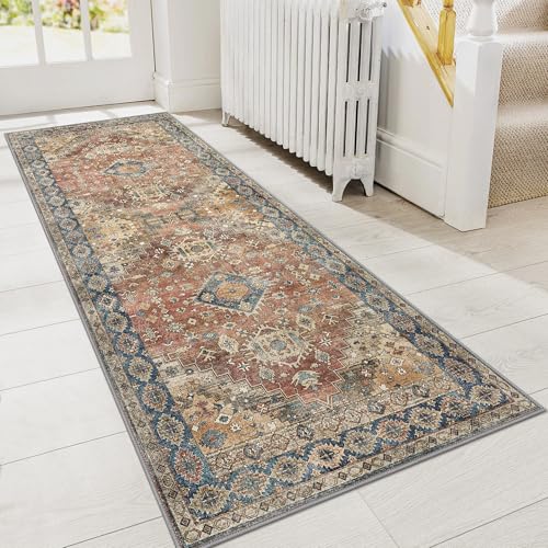GENIMO Runner Rug 2x5 Non Slip Machine Washable Vintage Hallway Runner Rug, Low Pile Lightweight Rugs for Entryway, Hallway, Kitchen and Corridor, Antique Red