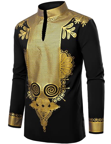 ZEROYAA Men's Africa Stand-up Collar Long Sleeve Dashiki Shiny Pattern Printed Dazzling Shirt2