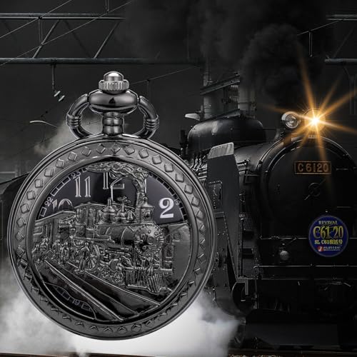 Image of SIBOSUN Antique Men Pocket Watch with Chain Oversized 50MM 1.96 Inch 3D Locomotive Steam Train Railroad Hollow + Box