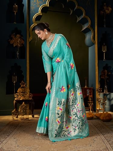 Image of MADHUHANSH Women's Cotton Linen Saree with Unstitched Blouse Piece and Floral Printed Pattern | Women Saree for Special Occasion | Stylish Modern Sarees
