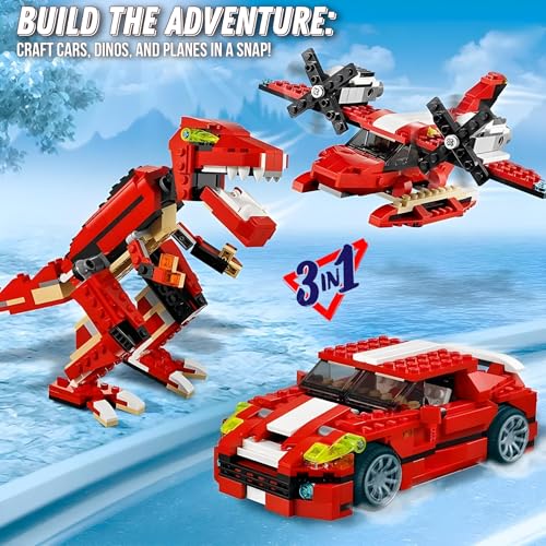Image of Roaring Power 3-in-1 Dinosaur T. rex Toy Blocks Sports Car | Action Dinosaur Figures Build and Rebuild Toys | Additional Brickable Models | Ideal for Kids 6+ | Fun Educational Building Blocks
