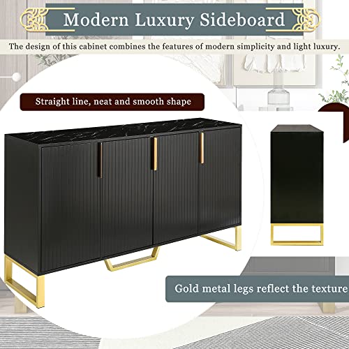 Modern Luxury Buffet Sideboard Storage Cabinet With Gold Metal Legs & Handles,4 Door Cupboard Kitchen Sideboard With Adjustable Shelves,Living Room Dining Room Entyway Console Table (Black, 4 Door) #TOP5
