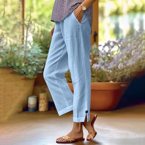 Image of Linen Pants Women 2026 Summer Beach Vacation Trousers Elastic Waist Linen Capris Pants Boho Casual Travel Pant