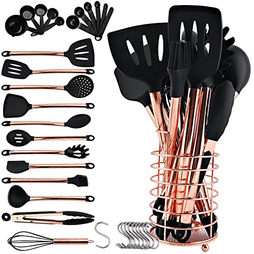 BRIIEC Non-stick Silicone Cooking Utensil Set with Holder, 16pcs Kitchen Utensils Set Heat Resistant Cookware Copper Stainless Steel Handle Cooking Tools Turner Tongs Spatula Spoon - Black&Rose Gold