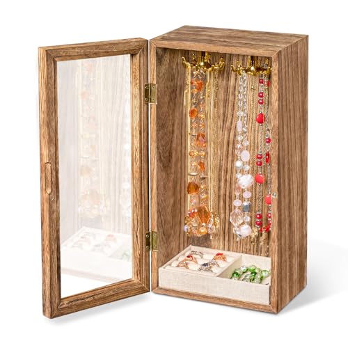 SINGLBA Necklace Holder Organizer, Wooden Jewelry Box for Women Girls, Rotatable Jewelry Organizer Case with Ring Tray Display & Storage for Necklaces Bracelets Rings Earrings, Gifts for Women Her