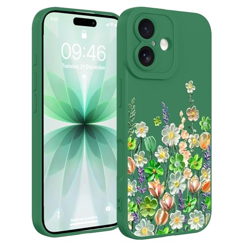 Image of Designed for iPhone 17 Case Floral for Women Girls, Green | Cute Oil Painting Flower Pattern Liquid Silicone Phone Case [Full Camera Protection] Slim Soft TPU Protective Cover