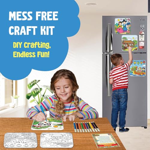 Image of SparkLPlay DIY Craft Kit for Kids - Korean Minhwa Art. Coloring Set with 6 Fridge Magnet Cutouts, 12 Color Pens. Mess Free. Gift for Kids.