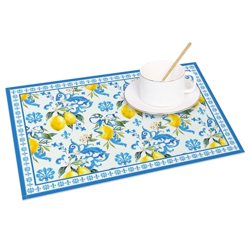 Set di 4 tovagliette con stampa di limoni blu, 45 x 30 cm, fiori gialli, fiori bianchi, tovagliette da cucina per feste estive costiere, decorazioni per la casa - immagine 3