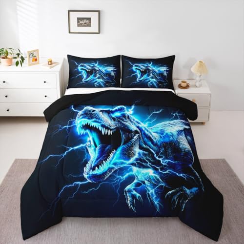 Image of Dinosaur Bedding Set Full Size Kids 3D Dino Print Comforter Set for Boys Girls Teens Jungle Dino Duvet Quilt Breathable Soft Microfiber Lightning Blue Room Decor Wild Animal