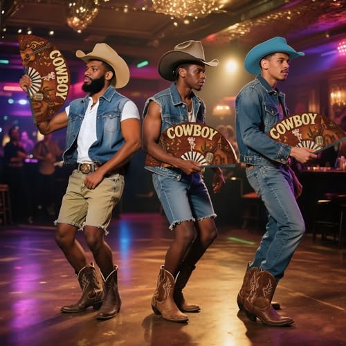 Image of Cowboy Fans for Line Dancing, 13inch Large Hand-held Flat Fan Western Style Popping Fan for Party, Festival, Club, Dancing