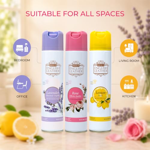 Image of Next Care English Leather Lavender, Rose & Lemon Air Freshener Spray for Home, Car & Office - 220 ml Each (Pack of 3) | Room Freshener with Floral & Citrus Fragrances
