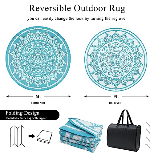 Bsmathom Round Outdoor Rug 6Ft for Patio Clearance, Reversible Outdoor Plastic Straw Camping Rug, Portable Washable Reversible Mats for Camping, RV, Picnic, Beach, Backyard, Pool Deck, Teal - Image 3