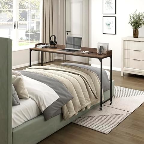 Lexicon Overbed Table with Wheels, Mobile Bed Desk with Metal Leg, 72" W Queen Size Rolling Desk Adjustable Height, Standing Workstation Laptop Desk, Portable Desk, Brown Cover