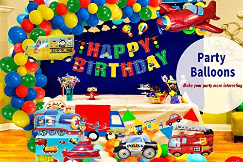 Yansion Construction Party Decorations Boys, Happy Birthday Banner Transport Vehicles Foil Balloons Plane Train Police Car School Bus Yacht Fire Truck Cake Toppers for Dump Truck Party Boys, Baby Shower, Boys 1st Birthday - Thumbnail 5