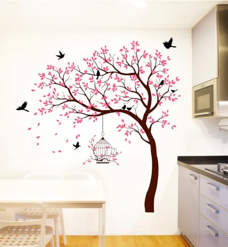 Image of Rawpockets Tree with Birds and Cage(PVC Vinyl) Self Adhesive WallSticker (Pink)