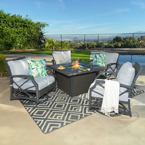 Kinger-Home-Ethan-Rattan-5-Piece-Patio-Furniture-Set-with-42-Inch-CSA-Certified-Propane-Fire-Pit-Table-50000-BTU-Includes-Swivel-Chairs-and-Fire-Pit-Accessories-Grey-Grey Kinger Home Ethan Rattan 5 Piece Patio Furniture Set with 42 Inch CSA Certified Propane Fire Pit Table 50000 BTU Includes Swivel Chairs and Fire Pit Accessories Grey Grey