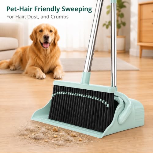 Image of Broom and Dustpan Set, 52-Inch Long Handle, Comb Teeth, Green | Comb teeth help sweep pet hair, dust and crumbs on hard floors