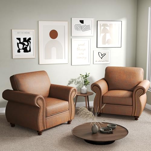 Image of Couchus Mid-Century Accent Chair with Nailhead Trim, Faux Leather Upholstered Armchair for Living Room, 42 inch Upholstered Sofa Chair for Bedroom (Caramel Rust, Single)