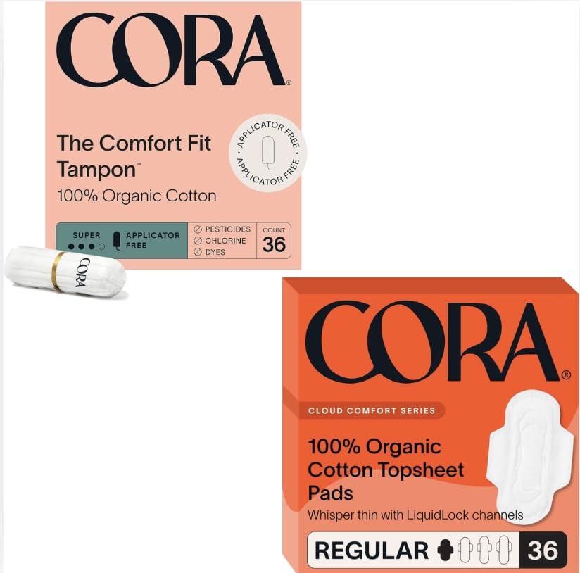 Cora Organic Feminine Care Non-Applicator Ultra-Absorbent S S Tampons Organic Pads Regular Absorbency 100 Organic Cotton Eco-Conscious 36