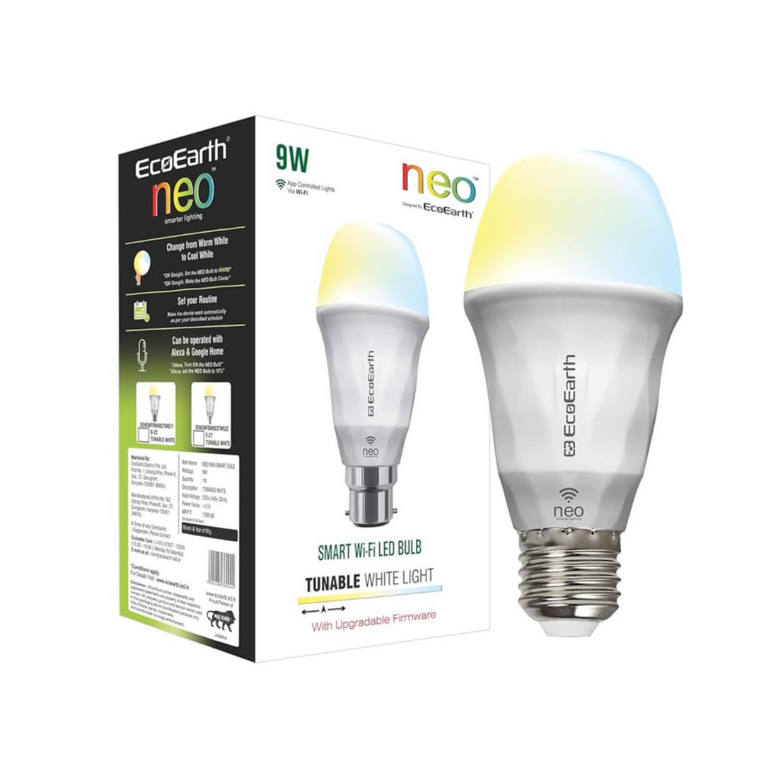 EcoEarth Neo Wi-Fi Smart Led Bulb (Smart Bulb) Compatible with Alexa and Google Home, 9-Watt | Tunable White | CCT – Warm To Cool Feel | B 22