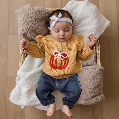 Toddler Baby Girl Halloween Knit Sweater Pumkin Embroidered Long Sleeve Pullover Chunky Tops Cute Winter Fall Clothes2