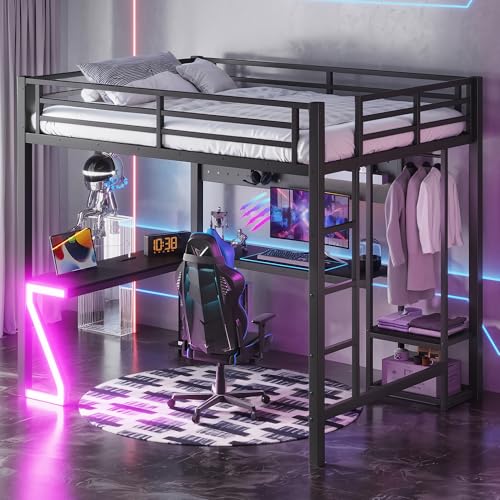 Image of Bellemave Full Size Metal Loft Bed with L-Shaped Desk, Z-Shaped LED Lights & Charging Station, Heavy Duty Loft Bed Frame with Hanging Rod for Kids, Teens & Adults, Space Saving,Black
